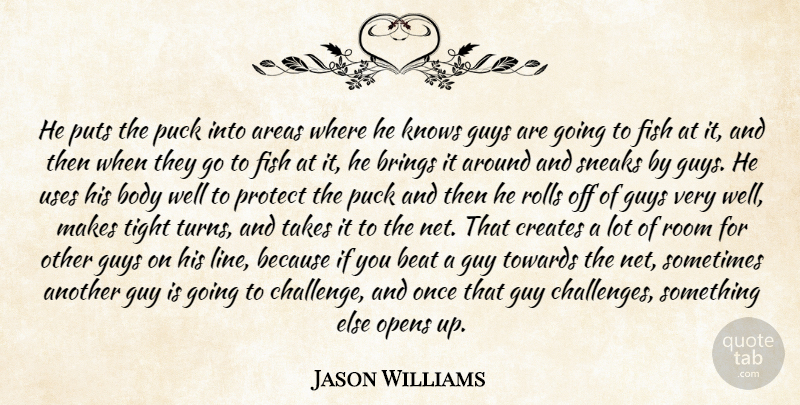 Jason Williams Quote About Areas, Beat, Body, Brings, Creates: He Puts The Puck Into...