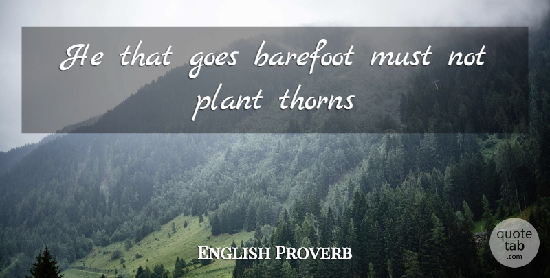 English Proverb Quote About Barefoot, Goes, Plant, Thorns: He That Goes Barefoot Must...