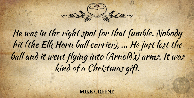 Mike Greene Quote About Ball, Christmas, Flying, Hit, Horn: He Was In The Right...