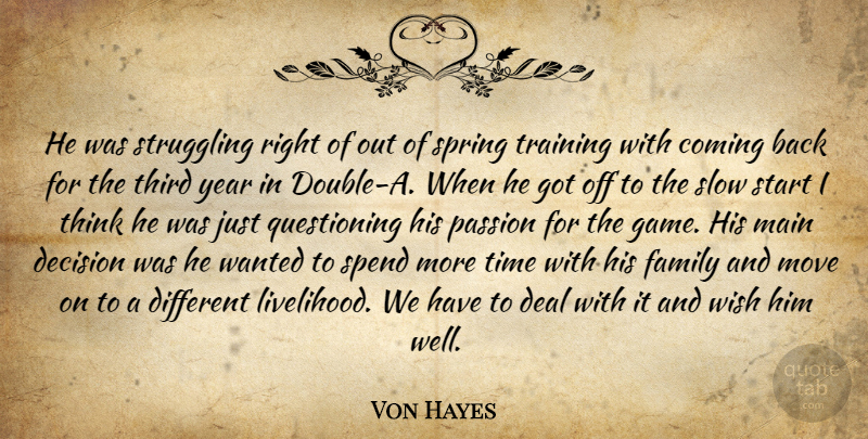 Von Hayes Quote About Coming, Deal, Decision, Family, Main: He Was Struggling Right Of...