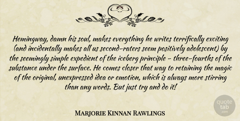 Marjorie Kinnan Rawlings Quote About Writing, Simple, Ideas: Hemingway Damn His Soul Makes...