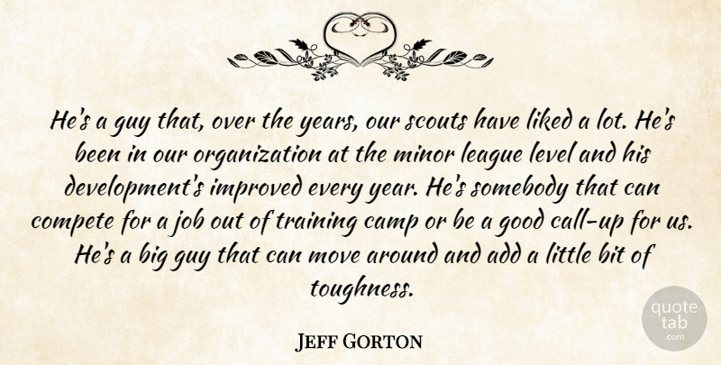 Jeff Gorton Quote About Add, Bit, Camp, Compete, Good: Hes A Guy That Over...