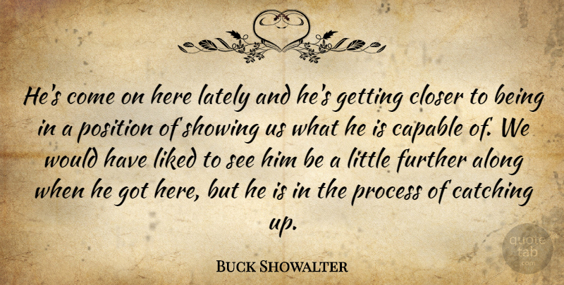 Buck Showalter Quote About Along, Capable, Catching, Closer, Further: Hes Come On Here Lately...