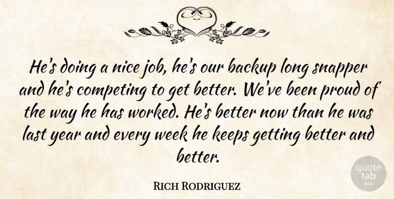 Rich Rodriguez Quote About Backup, Competing, Keeps, Last, Nice: Hes Doing A Nice Job...