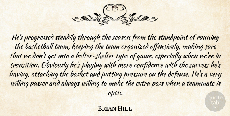 Brian Hill Quote About Attacking, Basketball, Confidence, Extra, Keeping: Hes Progressed Steadily Through The...