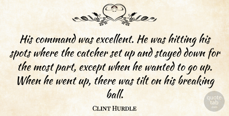 Clint Hurdle Quote About Breaking, Catcher, Command, Except, Hitting: His Command Was Excellent He...