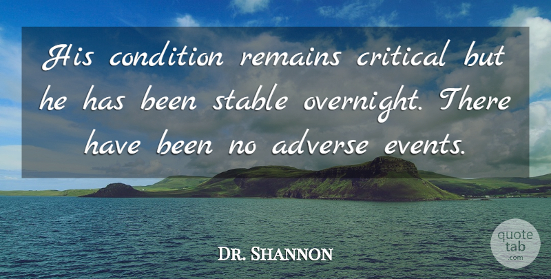 Dr. Shannon Quote About Adverse, Condition, Critical, Events, Remains: His Condition Remains Critical But...