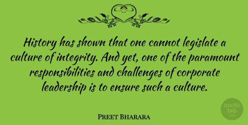 Preet Bharara Quote About Integrity, Responsibility, Challenges: History Has Shown That One...