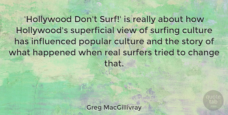 Greg MacGillivray Quote About Change, Culture, Happened, Influenced, Popular: Hollywood Dont Surf Is Really...