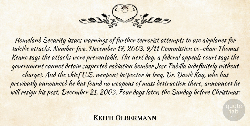 Keith Olbermann Quote About Announced, Appeals, Attacks, Attempts, Cannot: Homeland Security Issues Warnings Of...