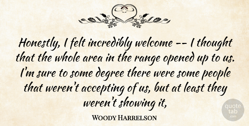Woody Harrelson Quote About Accepting, Area, Degree, Felt, Incredibly: Honestly I Felt Incredibly Welcome...