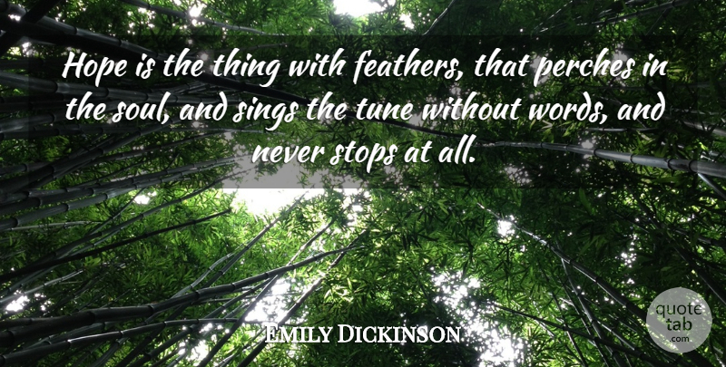 Emily Dickinson Quote About Hope, Sings, Stops, Tune: Hope Is The Thing With...