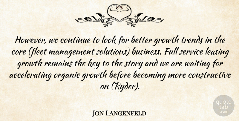 Jon Langenfeld Quote About Becoming, Continue, Core, Full, Growth: However We Continue To Look...