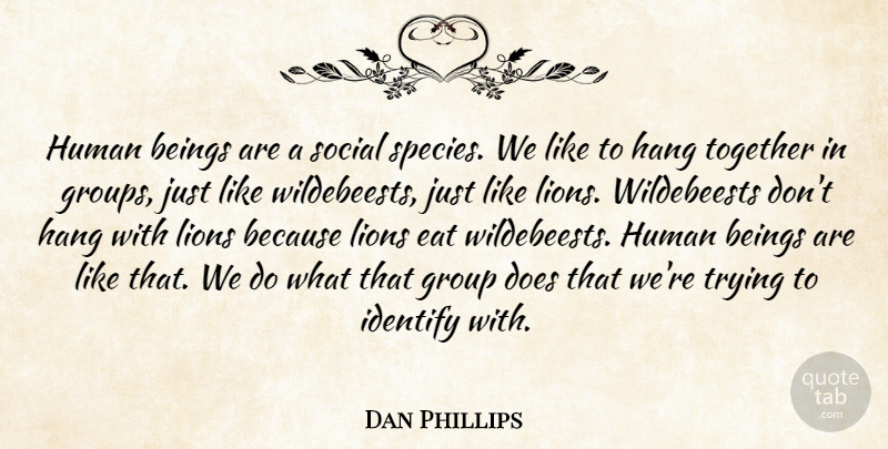 Dan Phillips Quote About Beings, Hang, Human, Identify, Lions: Human Beings Are A Social...