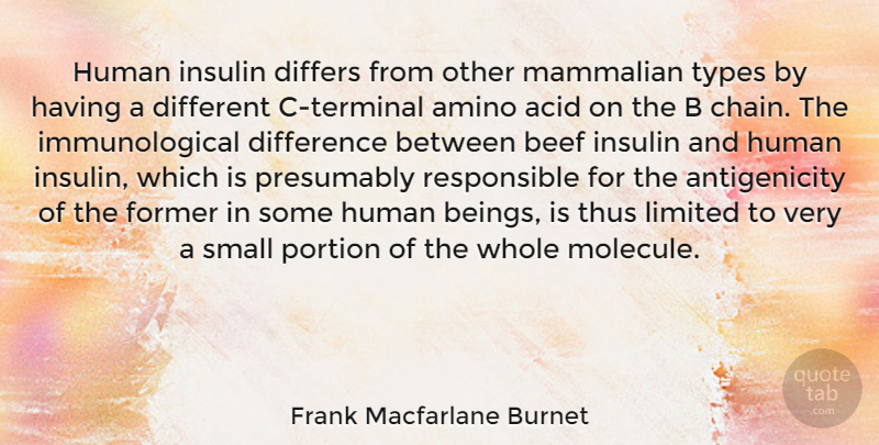 Frank Macfarlane Burnet Quote About Beef, Differs, Former, Human, Insulin: Human Insulin Differs From Other...