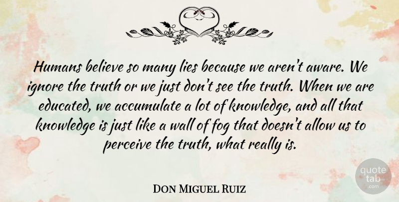 Don Miguel Ruiz Quote About Accumulate, Allow, Believe, Humans, Ignore: Humans Believe So Many Lies...