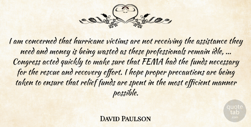 David Paulson Quote About Acted, Assistance, Concerned, Congress, Efficient: I Am Concerned That Hurricane...
