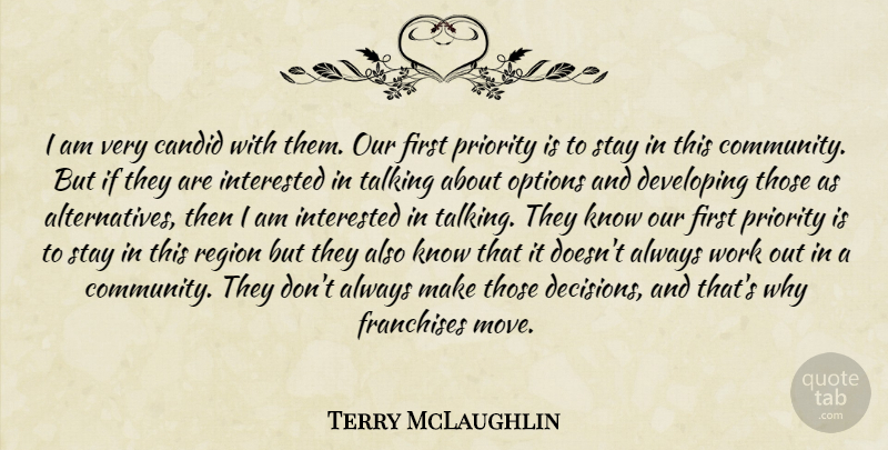 Terry McLaughlin Quote About Candid, Developing, Interested, Options, Priority: I Am Very Candid With...