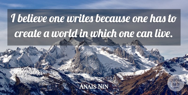 Anais Nin Quote About Believe, Writing, World: I Believe One Writes Because...
