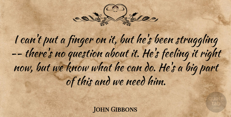 John Gibbons Quote About Feeling, Finger, Question, Struggling: I Cant Put A Finger...