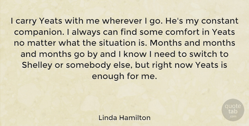 Linda Hamilton Quote About Needs, Matter, Months: I Carry Yeats With Me...