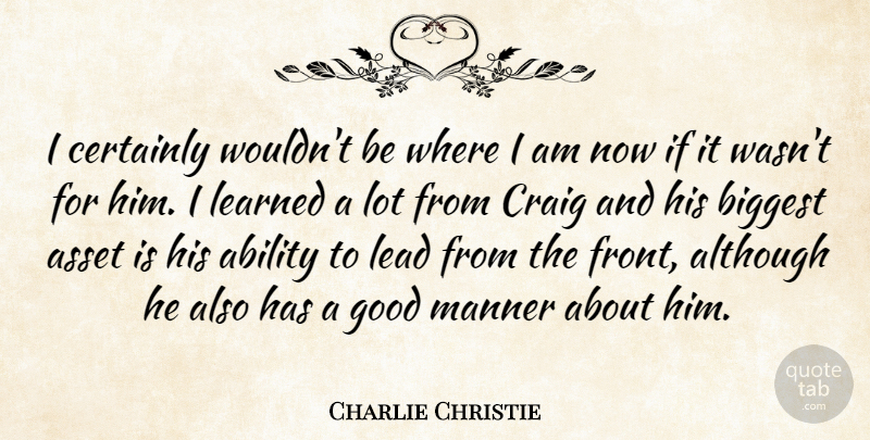 Charlie Christie Quote About Ability, Although, Asset, Biggest, Certainly: I Certainly Wouldnt Be Where...
