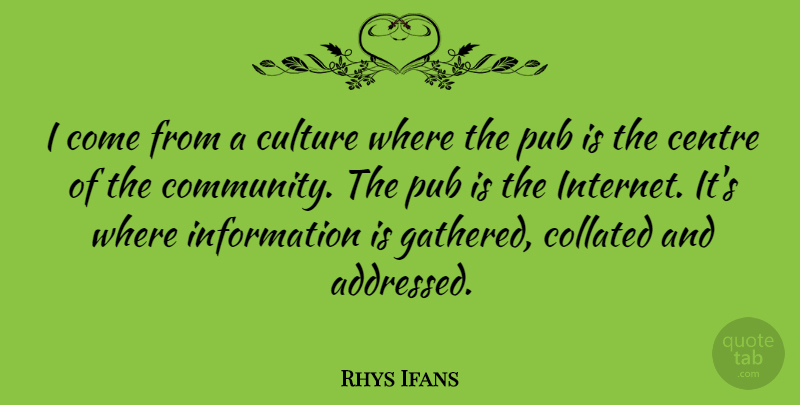 Rhys Ifans Quote About Centre, Culture, Information, Pub: I Come From A Culture...