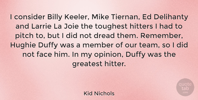Kid Nichols Quote About Billy, Consider, Dread, Face, Greatest: I Consider Billy Keeler Mike...