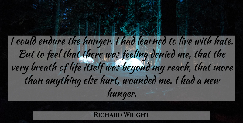 Richard Wright Quote About Hurt, Hate, Feelings: I Could Endure The Hunger...