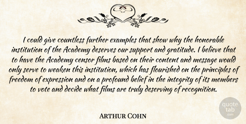 Arthur Cohn Quote About Academy, Based, Belief, Believe, Censor: I Could Give Countless Further...