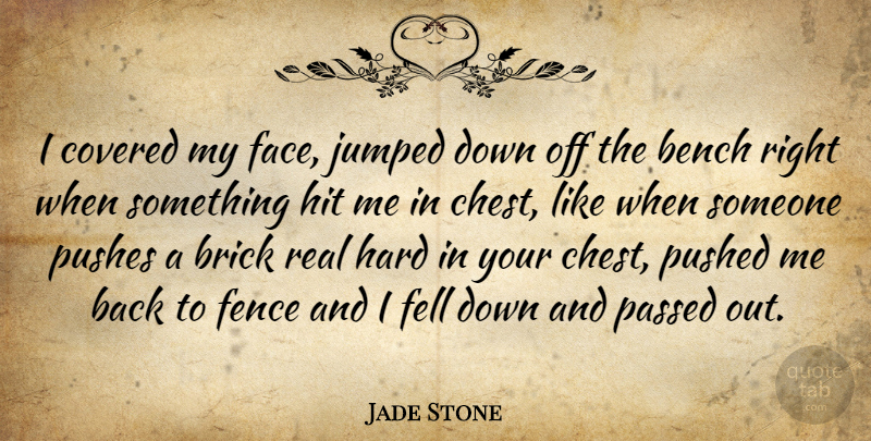 Jade Stone Quote About Bench, Brick, Covered, Fell, Fence: I Covered My Face Jumped...