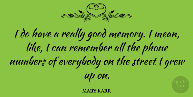 Mary Karr Quote About Memories, Mean, Numbers: I Do Have A Really...