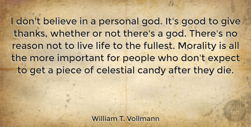 William T. Vollmann Quote About Believe, Candy, Celestial, Expect, God: I Dont Believe In A...