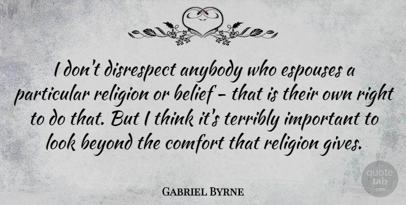 Gabriel Byrne Quote About Anybody, Beyond, Disrespect, Particular, Religion: I Dont Disrespect Anybody Who...