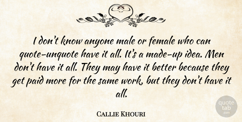 Callie Khouri Quote About Anyone, Men, Paid, Work: I Dont Know Anyone Male...