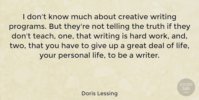 Doris Lessing Quote About Giving Up, Writing, Hard Work: I Dont Know Much About...