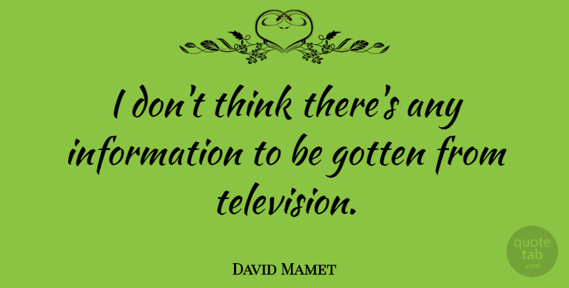 David Mamet Quote About Thinking, Television, Information: I Dont Think Theres Any...