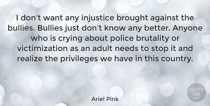 Ariel Pink Quote About Adult, Against, Anyone, Brought, Brutality: I Dont Want Any Injustice...