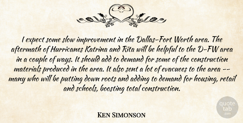 Ken Simonson Quote About Add, Adding, Aftermath, Area, Couple: I Expect Some Slow Improvement...