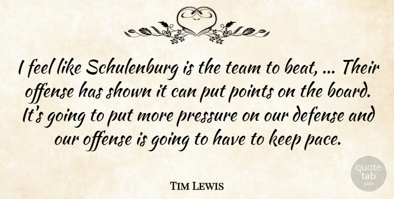 Tim Lewis Quote About Defense, Offense, Points, Pressure, Shown: I Feel Like Schulenburg Is...