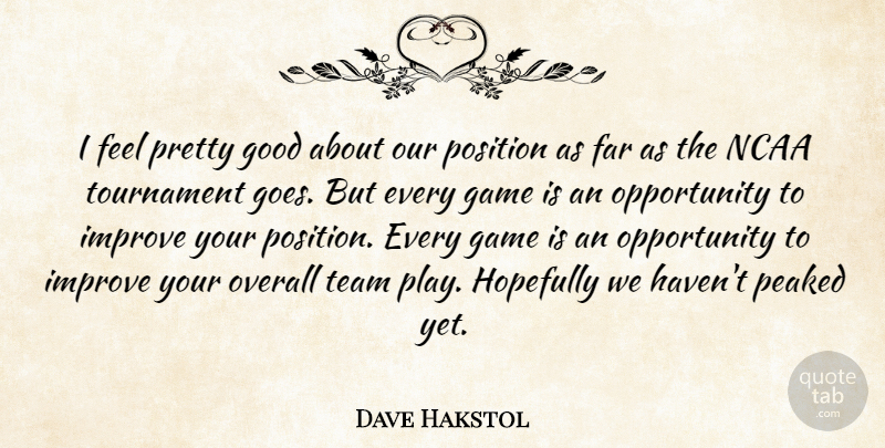 Dave Hakstol Quote About Far, Game, Good, Hopefully, Improve: I Feel Pretty Good About...