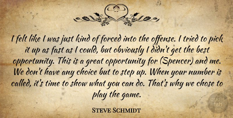 Steve Schmidt Quote About Best, Choice, Chose, Fast, Felt: I Felt Like I Was...