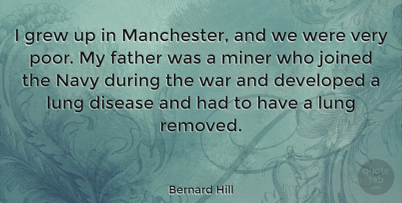 Bernard Hill Quote About Developed, Disease, Grew, Joined, Lung: I Grew Up In Manchester...