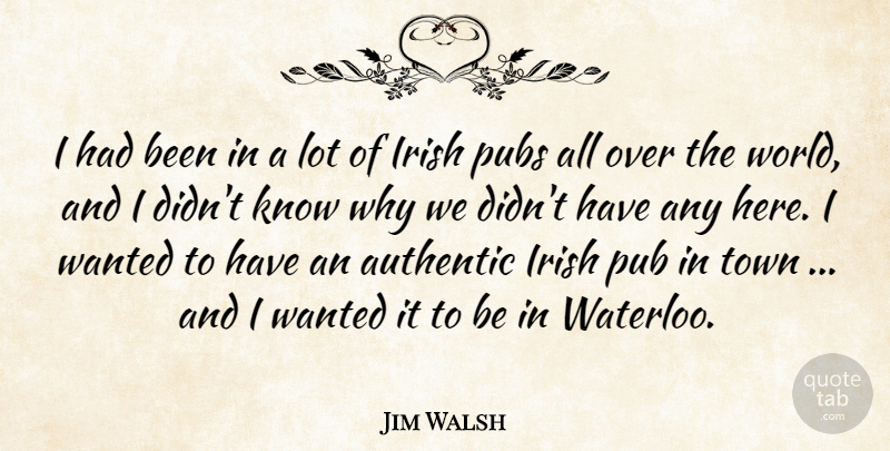 Jim Walsh Quote About Authentic, Irish, Pubs, Town: I Had Been In A...