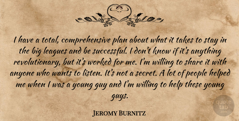 Jeromy Burnitz Quote About Anyone, Guy, Helped, Leagues, People: I Have A Total Comprehensive...