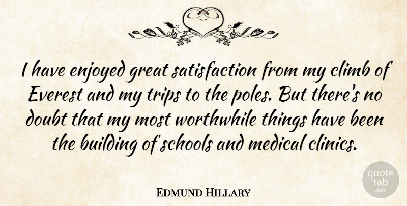 Edmund Hillary Quote About Building, Climb, Enjoyed, Everest, Great: I Have Enjoyed Great Satisfaction...