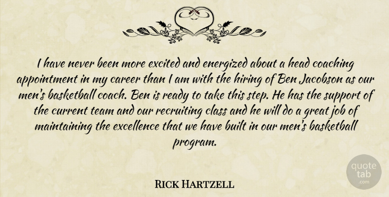 Rick Hartzell Quote About Basketball, Ben, Built, Career, Class: I Have Never Been More...