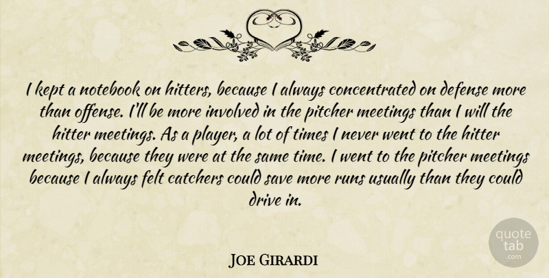 Joe Girardi Quote About Defense, Drive, Felt, Hitter, Involved: I Kept A Notebook On...