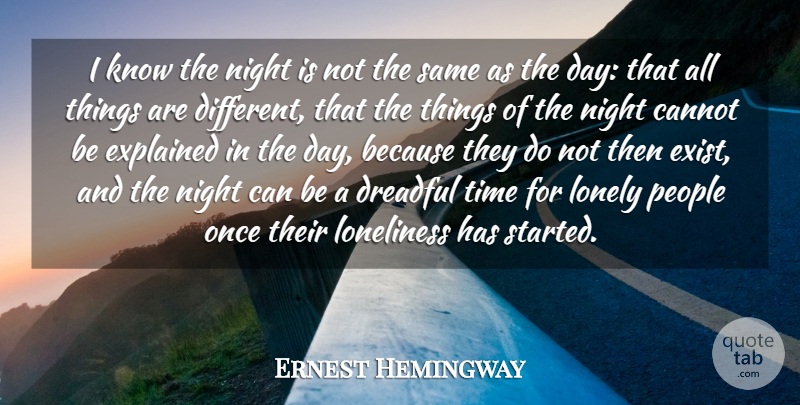 Ernest Hemingway Quote About Lonely, Loneliness, Night: I Know The Night Is...