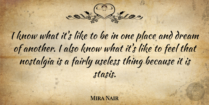 Mira Nair Quote About Dream, Useless Things, Nostalgia: I Know What Its Like...